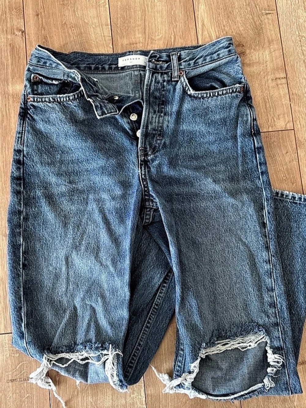 Topshop Dad Distressed Jeans in Blue Waist 26